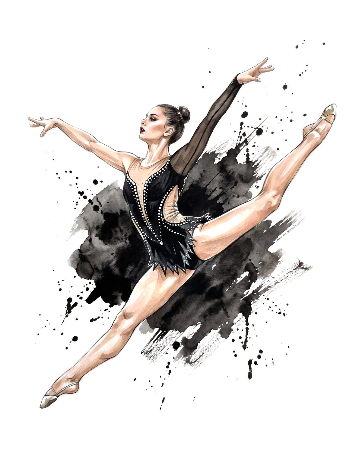 Acuarela de una gimnasta de rítmica con maillot negro de cristales saltando en spagat sobre una mancha de tinta negra
